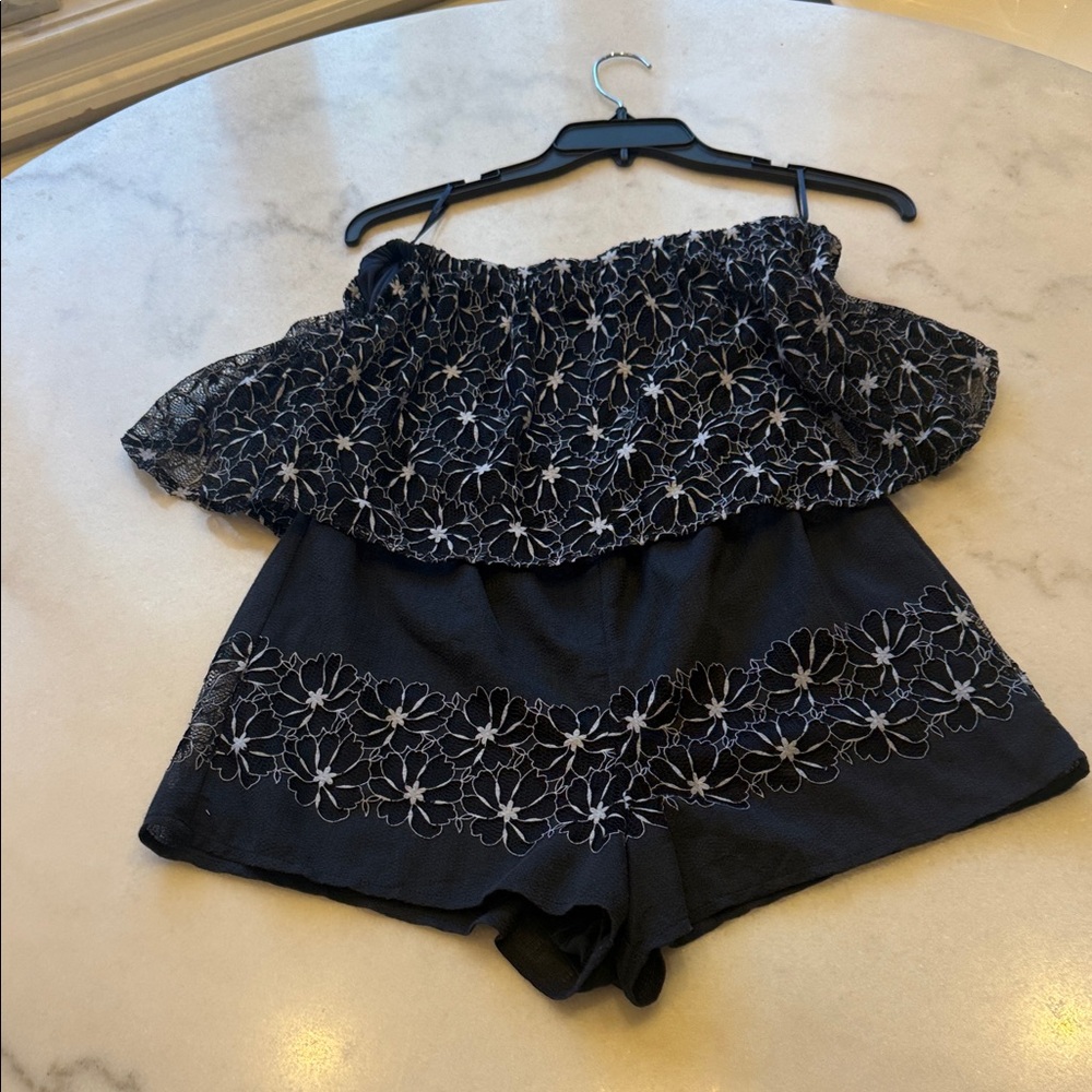 NWOT A. CALIN midnight navy Floral Lace Off-Shoulder Romper - Picture 2 of 6